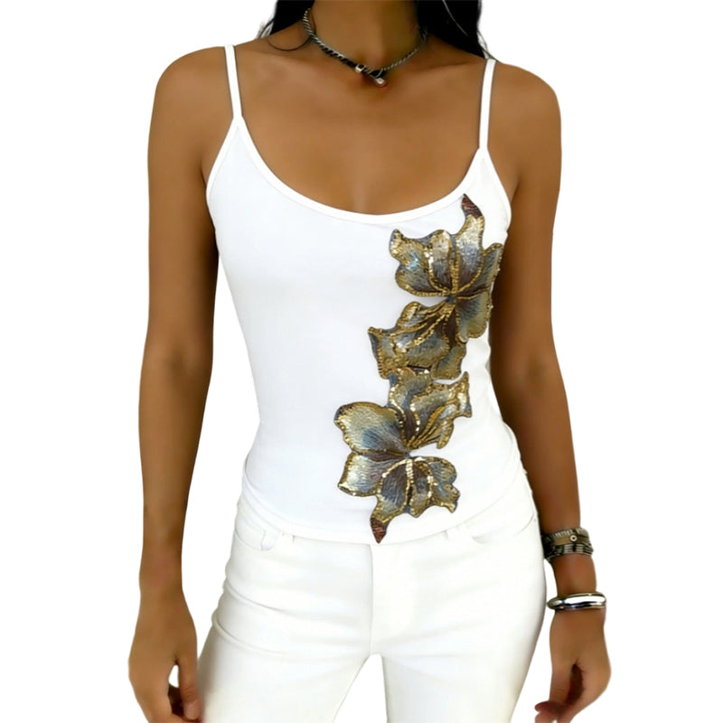 Slim Fit Spaghetti Strap Tank with Sequin Flower