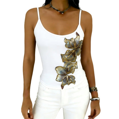 Slim Fit Spaghetti Strap Tank with Sequin Flower