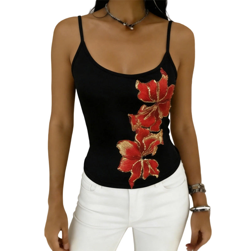 Slim Fit Spaghetti Strap Tank with Sequin Flower