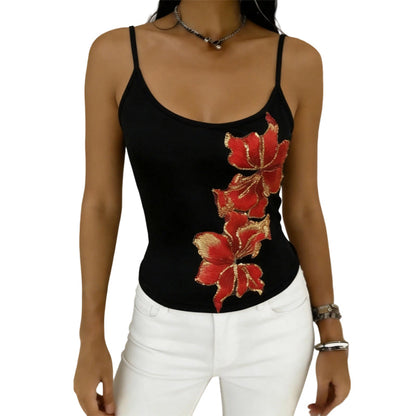 Slim Fit Spaghetti Strap Tank with Sequin Flower
