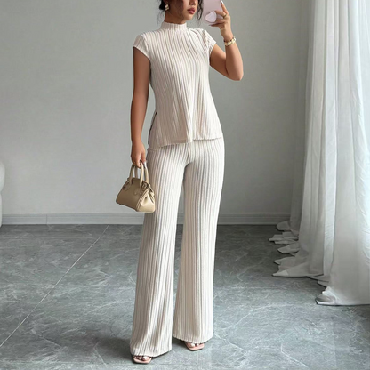 Elegant Mock Neck Top & Wide-Leg Pants 2-Piece Set