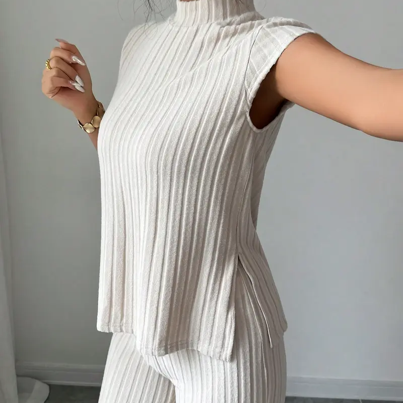 Elegant Mock Neck Top & Wide-Leg Pants 2-Piece Set