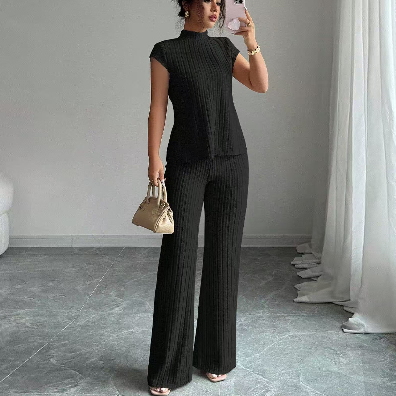 Elegant Mock Neck Top & Wide-Leg Pants 2-Piece Set