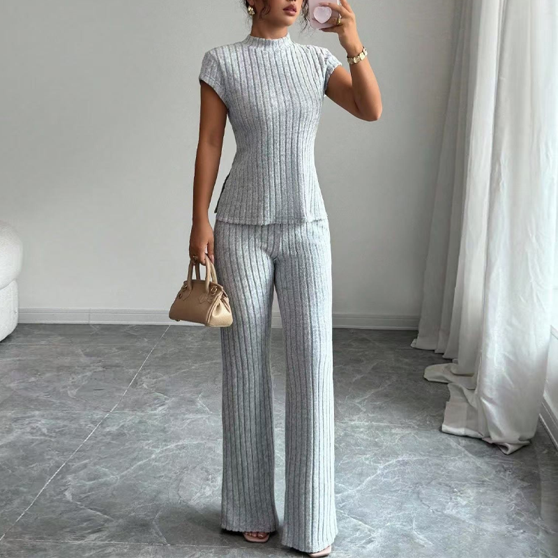 Elegant Mock Neck Top & Wide-Leg Pants 2-Piece Set