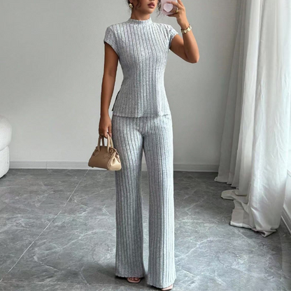 Elegant Mock Neck Top & Wide-Leg Pants 2-Piece Set