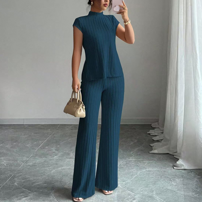 Elegant Mock Neck Top & Wide-Leg Pants 2-Piece Set