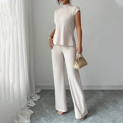 Elegant Mock Neck Top & Wide-Leg Pants 2-Piece Set