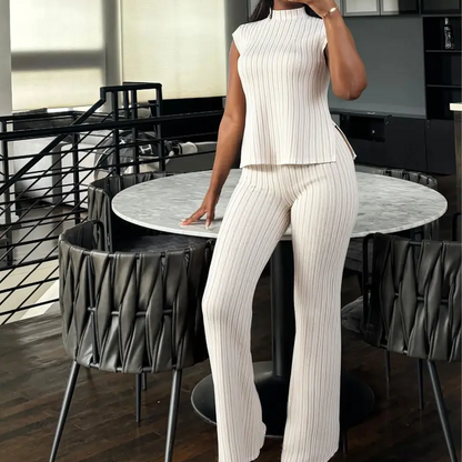 Elegant Mock Neck Top & Wide-Leg Pants 2-Piece Set