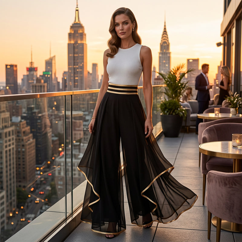 Elegant Flowy Wide-Leg Pants with Gold Trim