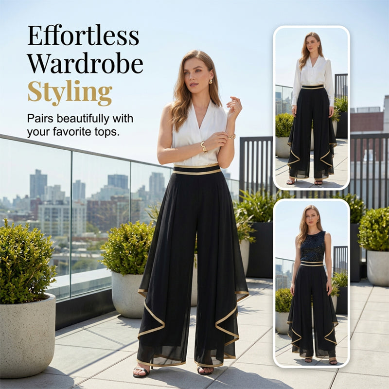 Elegant Flowy Wide-Leg Pants with Gold Trim