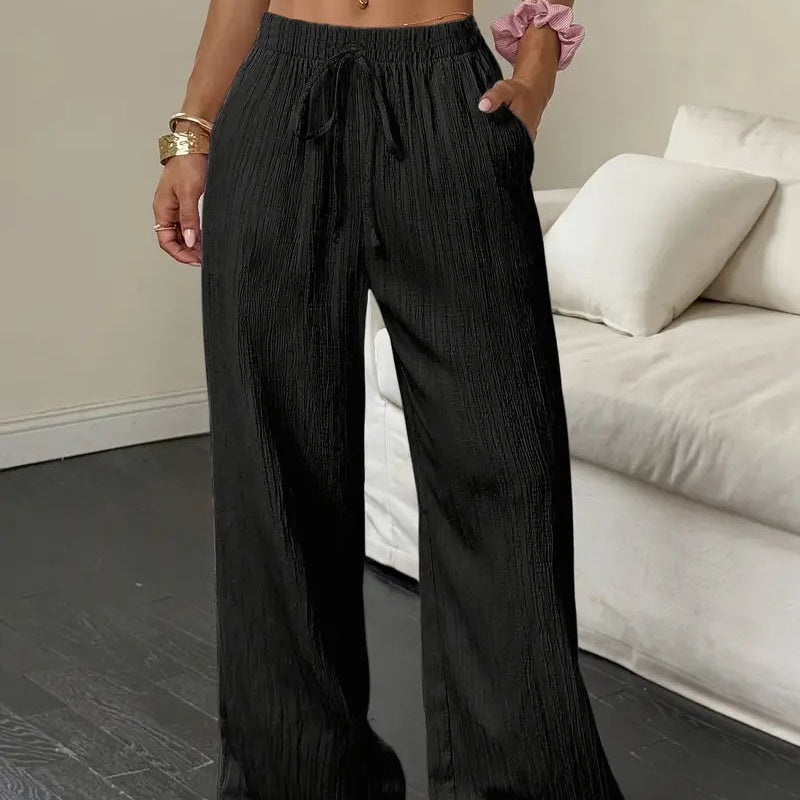 Women's Solid Color Crinkle Wide Leg Pants