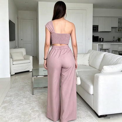 Elegant One-Shoulder Floral Top & Wide-Leg Pants Set
