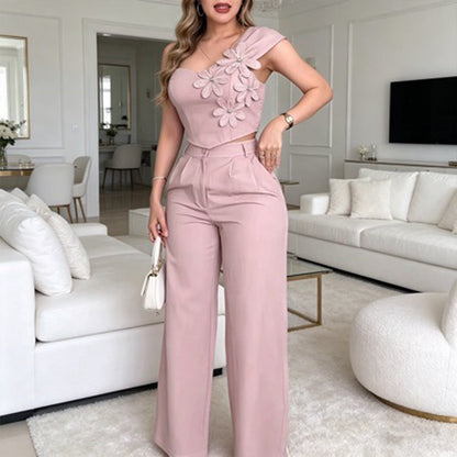 Elegant One-Shoulder Floral Top & Wide-Leg Pants Set