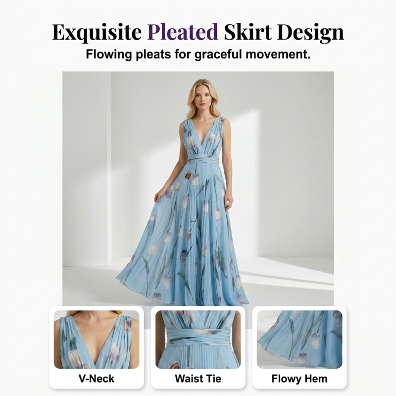 Elegant V-Neck Tulip Print Maxi Dress