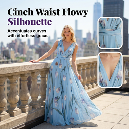 Elegant V-Neck Tulip Print Maxi Dress