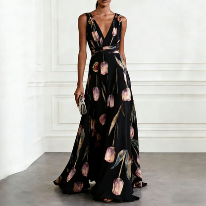 Elegant V-Neck Tulip Print Maxi Dress