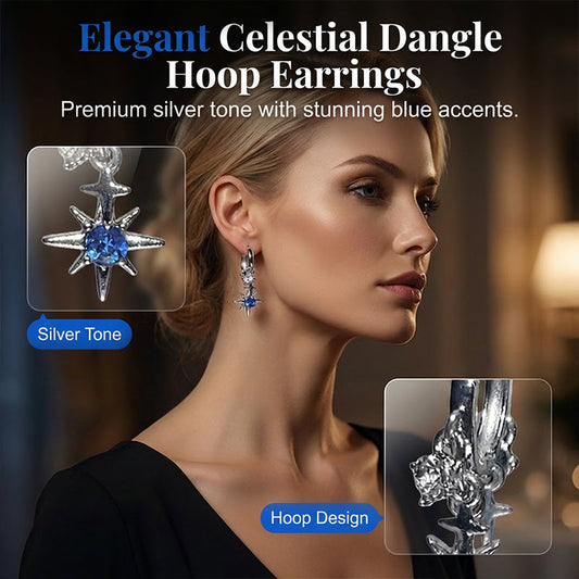 Silver Tone Celestial Dangle Hoop Earrings