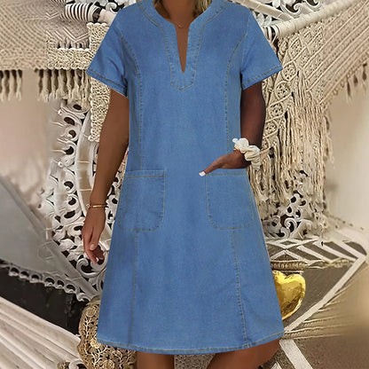 Women's Short Sleeve V-Neck Denim Dress