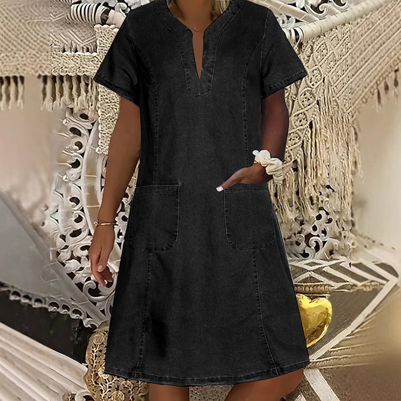 Women's Short Sleeve V-Neck Denim Dress