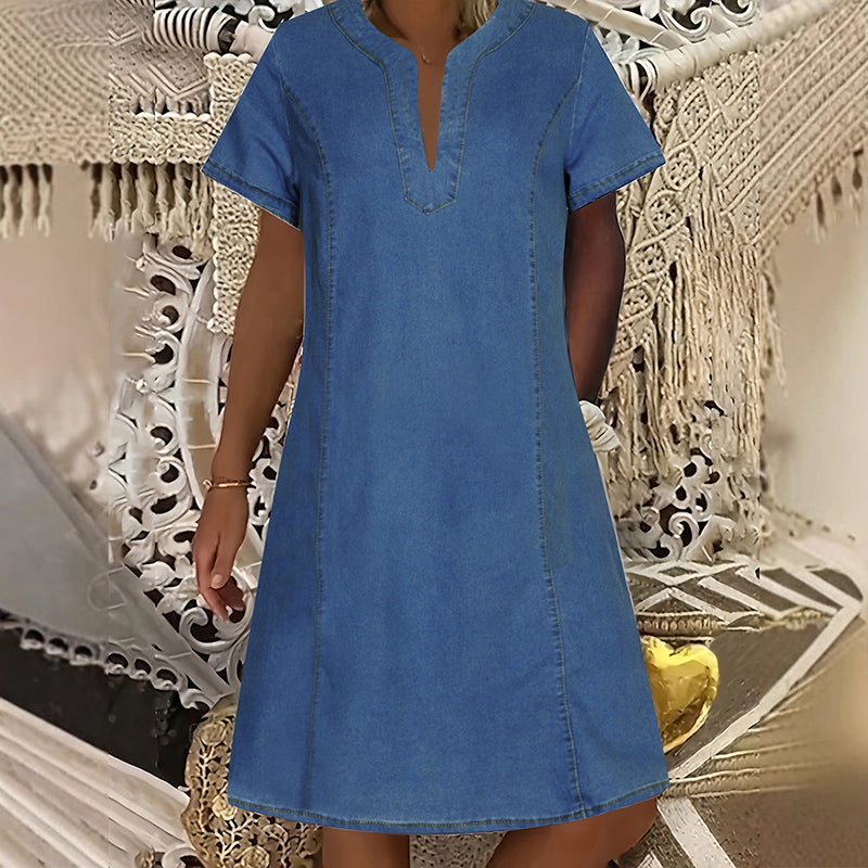 Women's Short Sleeve V-Neck Denim Dress