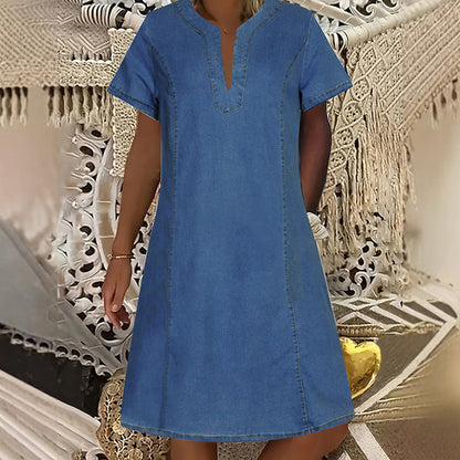 Women's Short Sleeve V-Neck Denim Dress