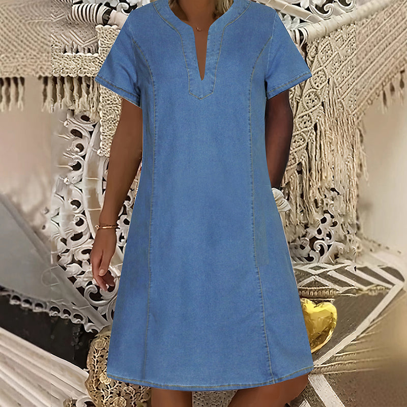 Women's Short Sleeve V-Neck Denim Dress