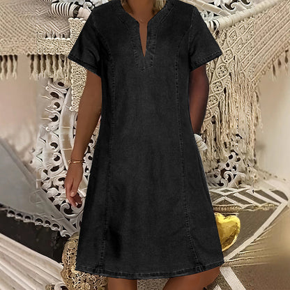 Women's Short Sleeve V-Neck Denim Dress