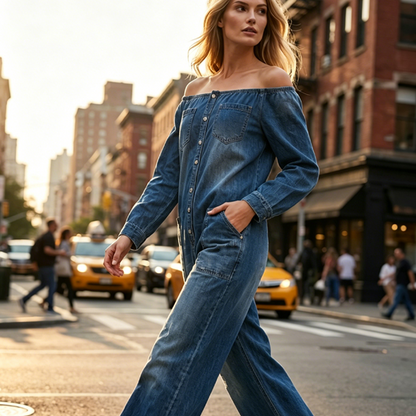 Off-Shoulder Wide-Leg Denim Jumpsuit