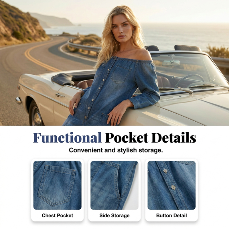 Off-Shoulder Wide-Leg Denim Jumpsuit