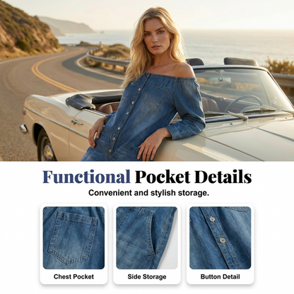 Off-Shoulder Wide-Leg Denim Jumpsuit