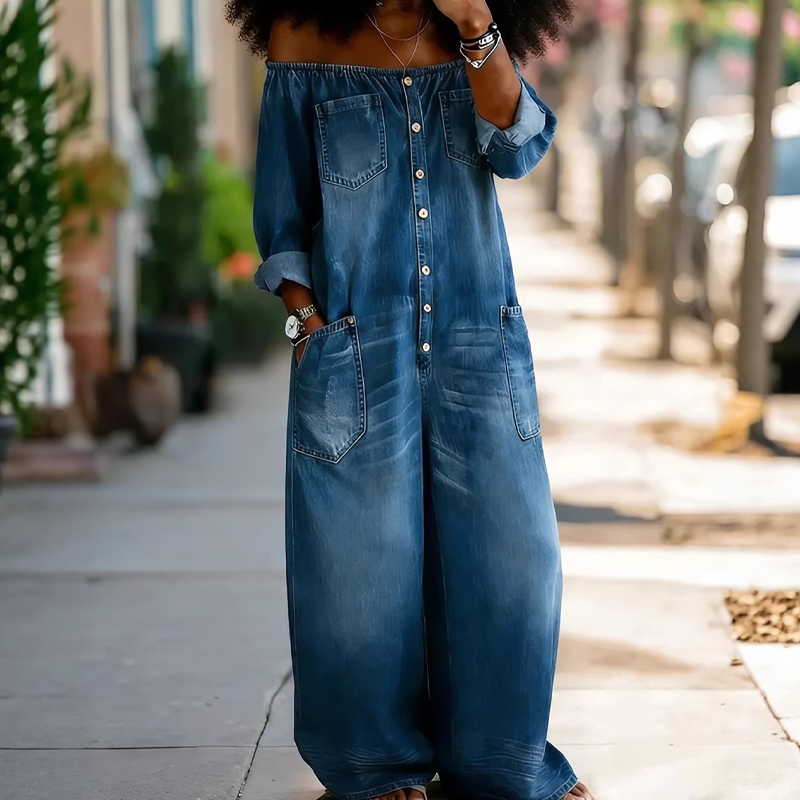 Off-Shoulder Wide-Leg Denim Jumpsuit