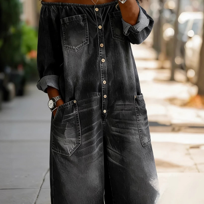 Off-Shoulder Wide-Leg Denim Jumpsuit