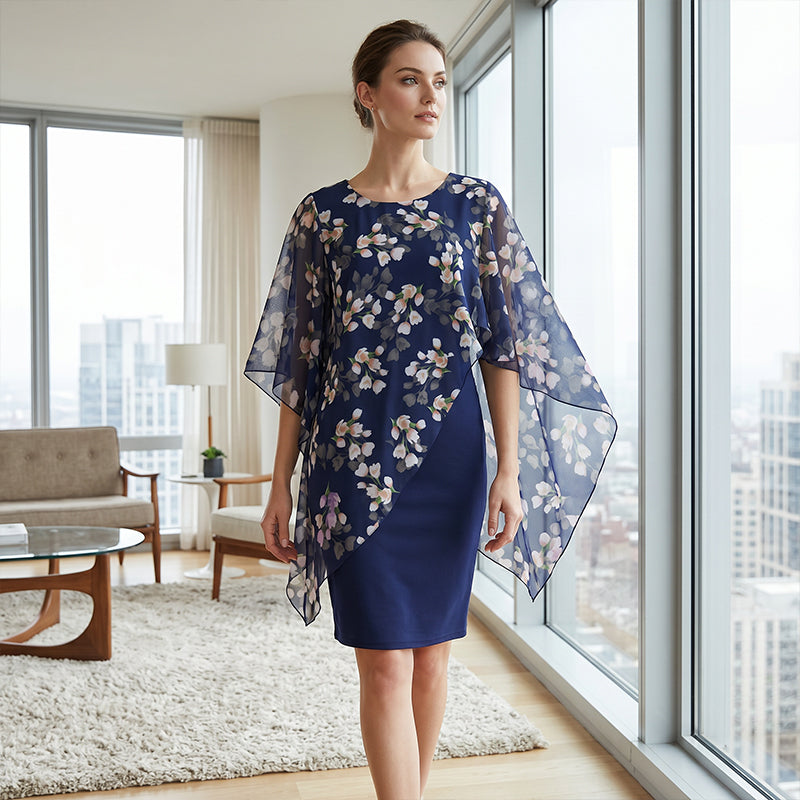 Women's Elegant Floral Print Overlay & Dress Set