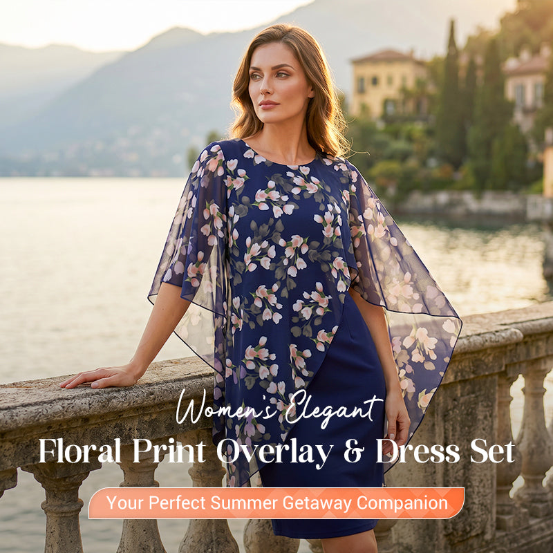 Women's Elegant Floral Print Overlay & Dress Set