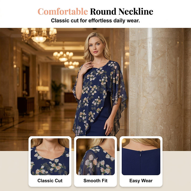 Women's Elegant Floral Print Overlay & Dress Set