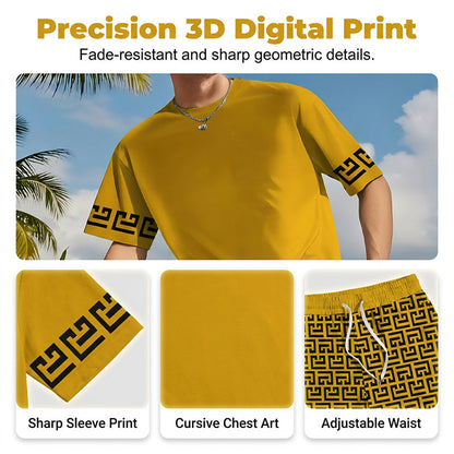 Men's Yellow Graphic Print Short Sleeve Tracksuit Set