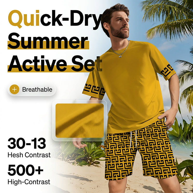 Men's Yellow Graphic Print Short Sleeve Tracksuit Set