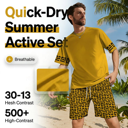 Men's Yellow Graphic Print Short Sleeve Tracksuit Set