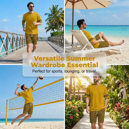 Men's Yellow Graphic Print Short Sleeve Tracksuit Set