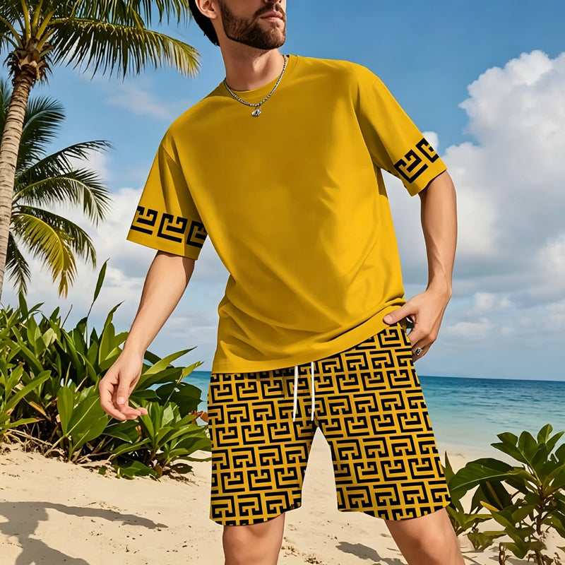 Men's Yellow Graphic Print Short Sleeve Tracksuit Set