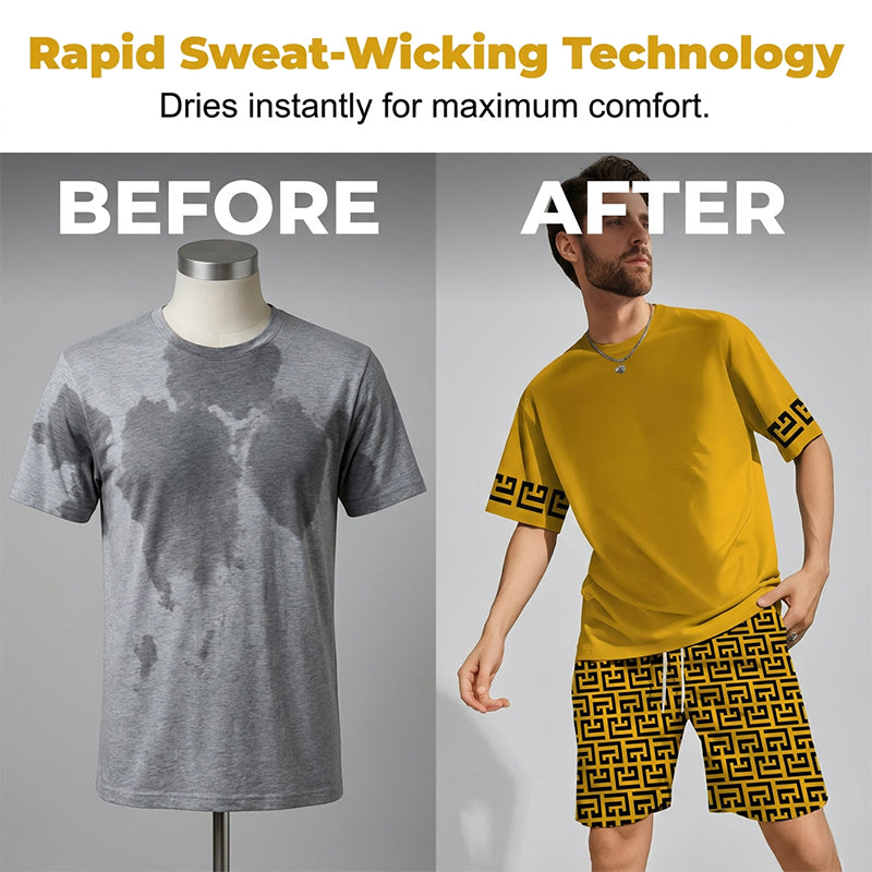Men's Yellow Graphic Print Short Sleeve Tracksuit Set