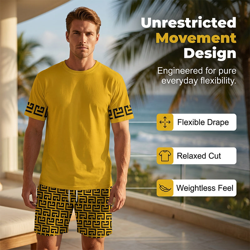 Men's Yellow Graphic Print Short Sleeve Tracksuit Set