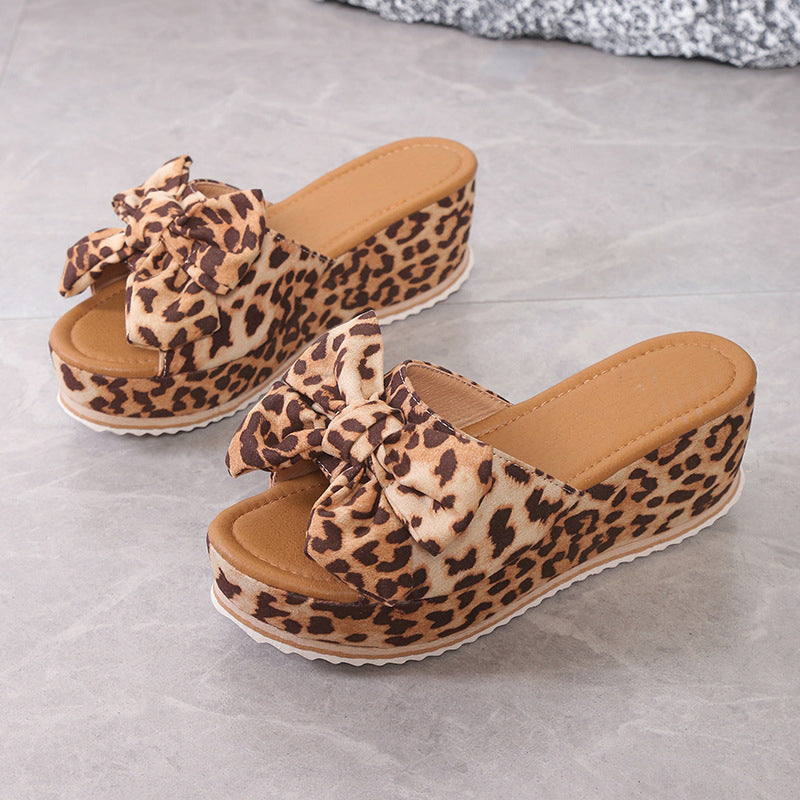 Women's Leopard Print Bow Platform Sandals