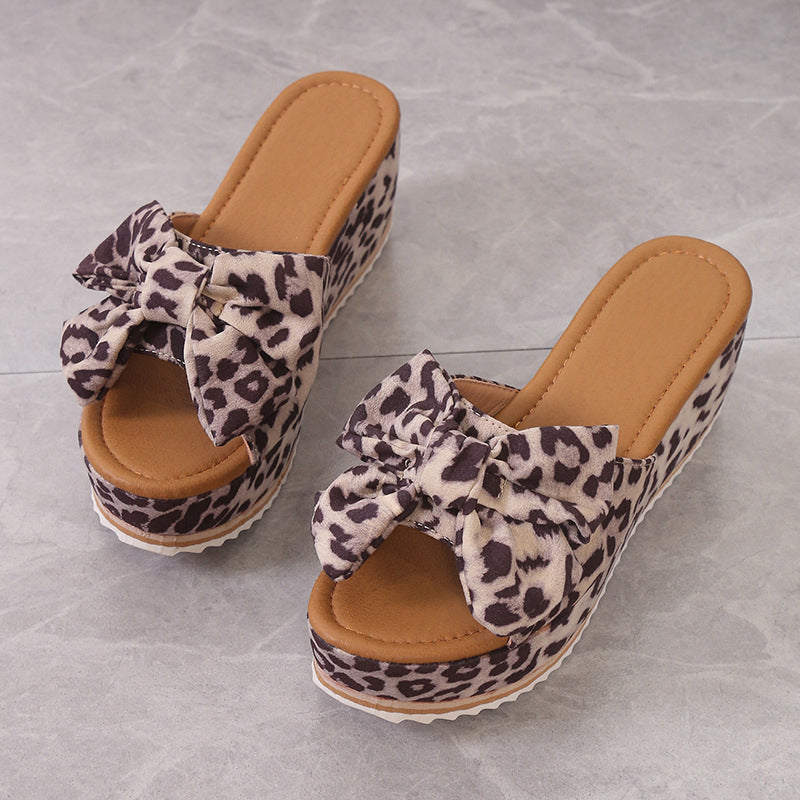 Women's Leopard Print Bow Platform Sandals