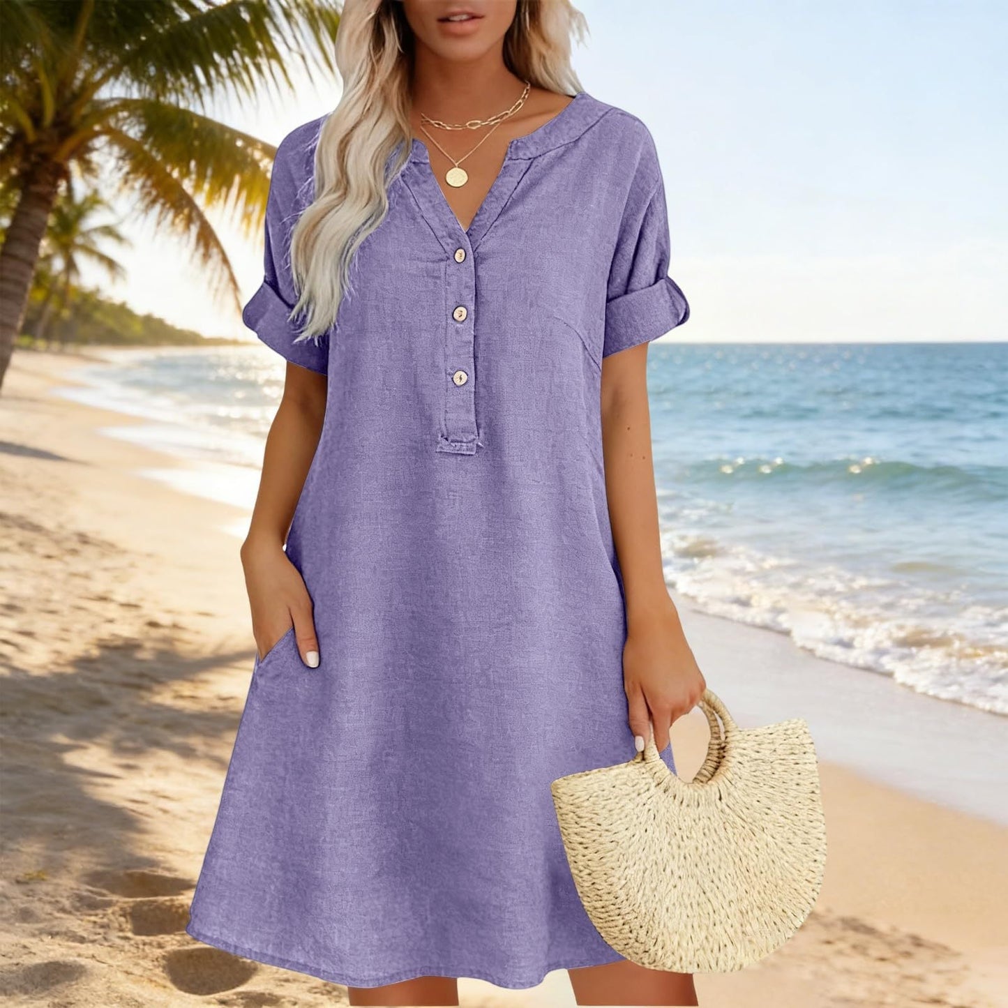 🏖️New Arrival 50% OFF!👗Women's V-Neck Tunic Dress – Relaxed Fit, Pockets & Breathable