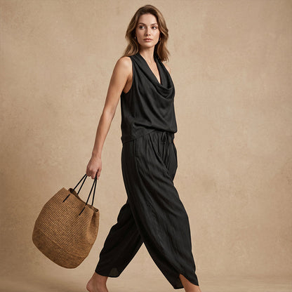🎁New Arrivals 52% OFF💥 Sleeveless Cowl Neck Jumpsuit – Halter, Wide-Leg, Elegant 🍷