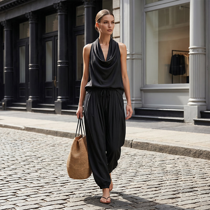🎁New Arrivals 52% OFF💥 Sleeveless Cowl Neck Jumpsuit – Halter, Wide-Leg, Elegant 🍷