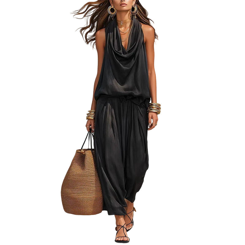 🎁New Arrivals 52% OFF💥 Sleeveless Cowl Neck Jumpsuit – Halter, Wide-Leg, Elegant 🍷