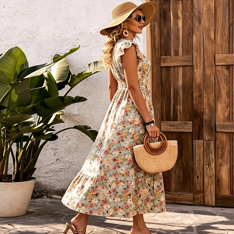 Women's Floral V-Neck Smocked Waist Dress