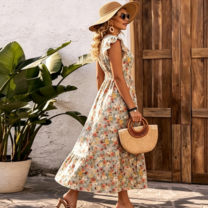 Women's Floral V-Neck Smocked Waist Dress